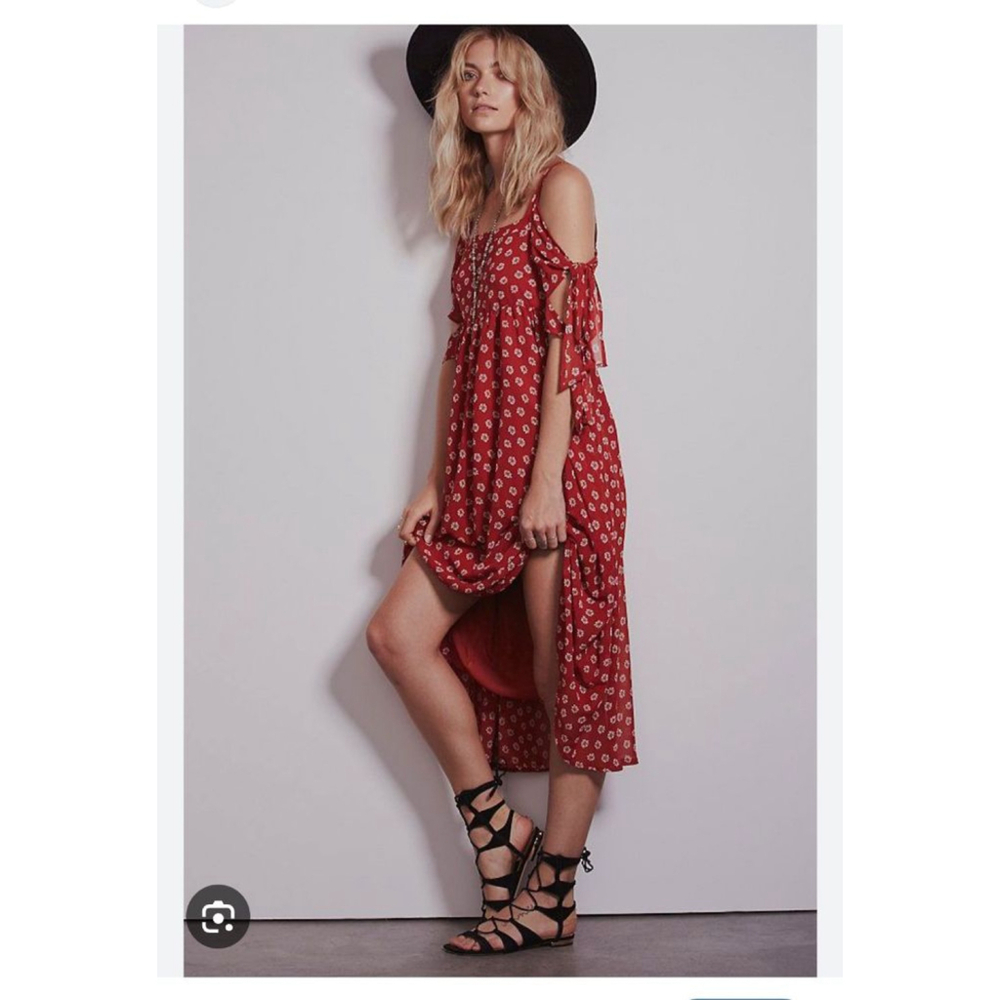 FREE PEOPLE Floral Cold Shoulder Midi Dress S Red